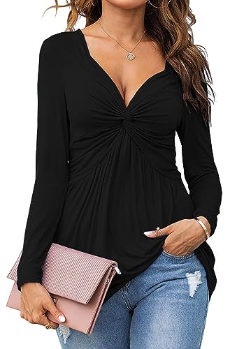 Tankaneo Damen V-Ausschnitt vorne geknotet Bluse Shirt Langarm Elegante lässige T-Shirt solide Farbe Pullover Tops von Tankaneo