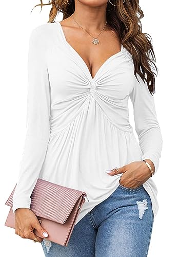 Tankaneo Damen V-Ausschnitt vorne geknotet Bluse Shirt Langarm Elegante lässige T-Shirt solide Farbe Pullover Tops von Tankaneo