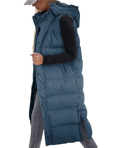 Tankaneo Damen Weste Gesteppte lange Steppweste mit Kapuze Langarm Button Down Puff Weste Baumwolle wattierte Jacke Wintermantel von Tankaneo