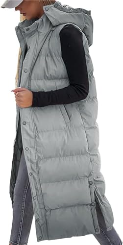 Tankaneo Damen Weste Gesteppte lange Steppweste mit Kapuze Langarm Button Down Puff Weste Baumwolle wattierte Jacke Wintermantel von Tankaneo