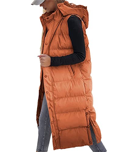 Tankaneo Damen Weste Gesteppte lange Steppweste mit Kapuze Langarm Button Down Puff Weste Baumwolle wattierte Jacke Wintermantel von Tankaneo