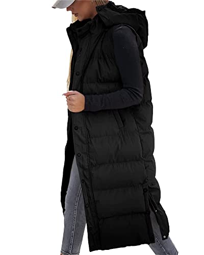 Tankaneo Damen Weste Gesteppte lange Steppweste mit Kapuze Langarm Button Down Puff Weste Baumwolle wattierte Jacke Wintermantel von Tankaneo