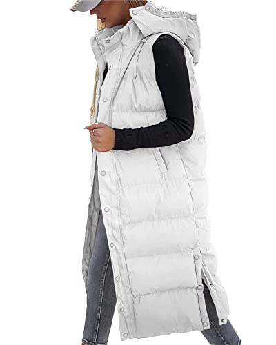 Tankaneo Damen Weste Gesteppte lange Steppweste mit Kapuze Langarm Button Down Puff Weste Baumwolle wattierte Jacke Wintermantel von Tankaneo