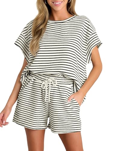 Tankaneo Damen Zweiteiler Kurzarm Lounge Set Sommer Outfits Gestreifte Lockere Pyjama Set Hausanzug Rundhalsausschnitt T Shirt mit Shorts von Tankaneo