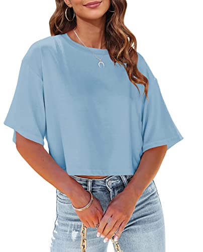 Tankaneo Damen Crop Tops Kurzarm T-Shirts Sommer Fitness Oversize Oberteile Crew Neck Bauchfrei Sportshirt von Tankaneo