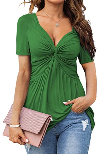 Tankaneo Frauen V-Ausschnitt vorne geknotete Bluse Shirt Langarm Elegant Casual T-Shirt Einfarbig Pullover Tops, B11-grün, X-Groß von Tankaneo