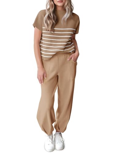 Tankaneo Gestreiftes Damen-Pullover-Set, Strick-Sweatanzug, kurzärmelig, zweiteilig, Bekleidungsset, Trainingsanzug, Hellkhaki, XL von Tankaneo