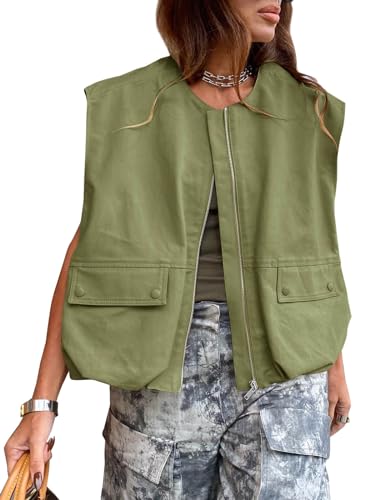 Tankaneo Lässige Damen-Bomberjacke, ärmellos, Reißverschluss, plissiert, mit Taschen, Grün (Army Green), S von Tankaneo