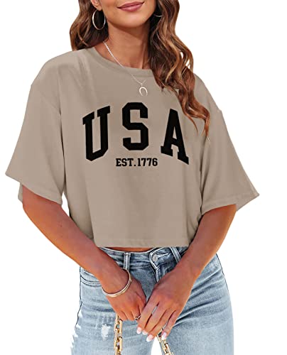 Tankaneo Los Angeles California Damen T-Shirt mit Buchstabenaufdruck, halblange Ärmel, bauchfrei, Rundhalsausschnitt, Z01-Khaki, Klein von Tankaneo