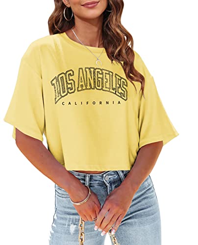 Tankaneo Los Angeles California Damen T-Shirt mit Buchstabenaufdruck, halblange Ärmel, bauchfrei, Rundhalsausschnitt, gelb, Klein von Tankaneo