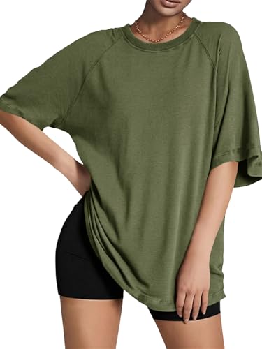 Tankaneo Oversize T Shirt Damen Longshirts Rundhals Kurzarm Oberteile Tops Casual Lockere SportShirts Bluse.Armeegrün.L von Tankaneo