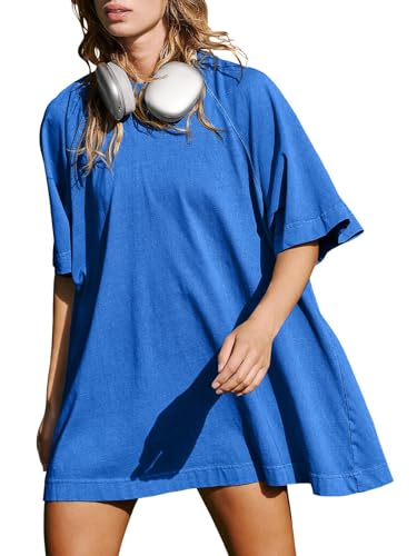 Tankaneo Oversize T Shirt Damen Longshirts Rundhals Kurzarm Oberteile Tops Casual Lockere SportShirts Bluse.Blau.M von Tankaneo