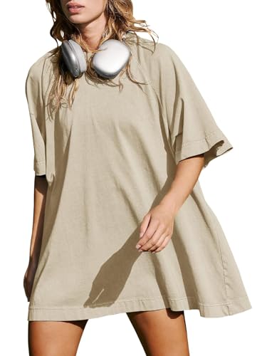 Tankaneo Oversize T Shirt Damen Longshirts Rundhals Kurzarm Oberteile Tops Casual Lockere SportShirts Bluse.Khaki.S von Tankaneo