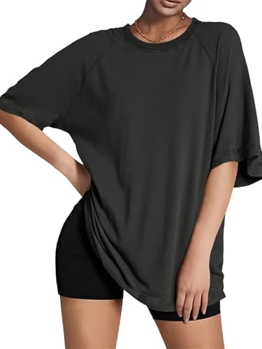 Tankaneo Oversize T Shirt Damen Longshirts Rundhals Kurzarm Oberteile Tops Casual Lockere SportShirts Bluse.Schwarz.XXL von Tankaneo