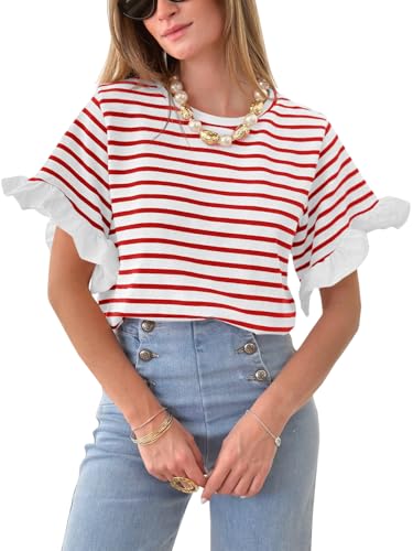 Tankaneo T Shirt Damen Streifen Shirts Rundhals Gestreiftes Oberteile Sommertops mit Rüschenärmel(Rot,L) von Tankaneo