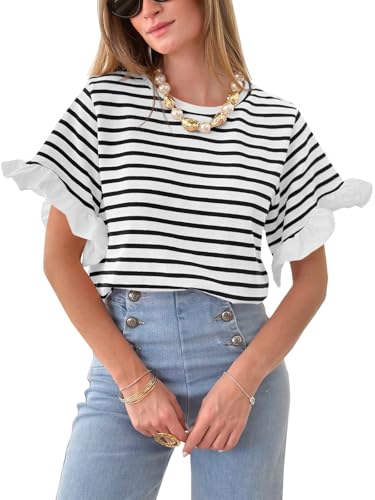 Tankaneo T Shirt Damen Streifen Shirts Rundhals Gestreiftes Oberteile Sommertops mit Rüschenärmel(Schearz,L) von Tankaneo