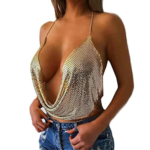 Tanktops Damen Dasongff Frauen Reizvolles V-Ausschnitt Pailletten Weste Backless Tank TopsHalter Zurück Kette Party Shirt ärmellose Tanktop Unterhemd Bluse Oberteile One Size (One Size, Gold) von Tanktops Damen Dasongff