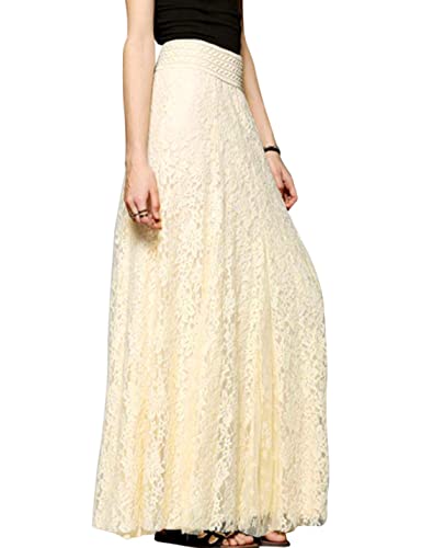 Tanming Damen Mode Hohe Elastische Taille A-Linie Floral Spitze Maxi Lange Röcke - Beige - Mittel von Tanming