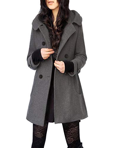 Tanming Damen Warm Zweireihiger Wollmantel Erbsenmantel Trenchcoat Jacke mit Kapuze, Graue Baumwolle, X-Small von Tanming