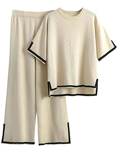 Tanming Pullover-Sets Damen 2-teiliges Lounge-Sets Kurzarm Strick Pullover Tops Weites Bein Hose, aprikose, XL von Tanming