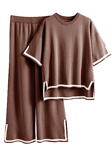 Tanming Pullover Sets Frauen 2 Stück Lounge Sets Kurzarm Strick Pullover Tops Wide Leg Hosen, Braun, M von Tanming