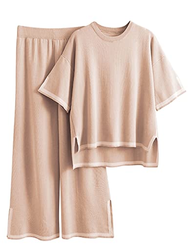 Tanming Pullover Sets Frauen 2 Stück Lounge Sets Kurzarm Strick Pullover Tops Wide Leg Hosen, Khaki, S von Tanming