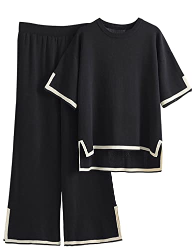 Tanming Pullover Sets Frauen 2 Stück Lounge Sets Kurzarm Strick Pullover Tops Wide Leg Hosen, Schwarz, M von Tanming