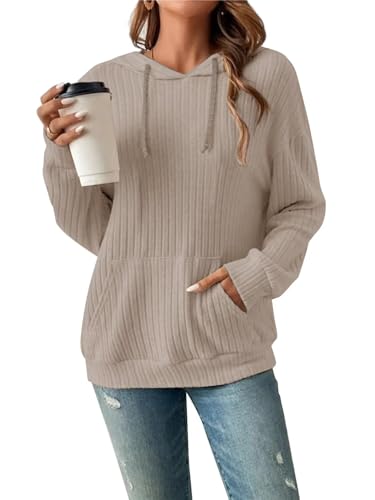 Damen Hoodie Pullover Langarm Herbst Winter Casual Loose Kapuzenpullover Streifen Fallende Schultern Kordelzug Sweatshirt Aprikose XL von Tanmolo