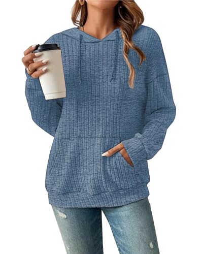 Damen Hoodie Pullover Langarm Herbst Winter Casual Loose Kapuzenpullover Streifen Fallende Schultern Kordelzug Sweatshirt Blau XL von Tanmolo