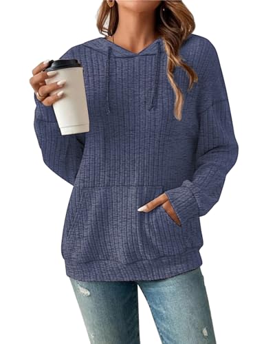 Damen Hoodie Pullover Langarm Herbst Winter Casual Loose Kapuzenpullover Streifen Fallende Schultern Kordelzug Sweatshirt Dunkelblau M von Tanmolo