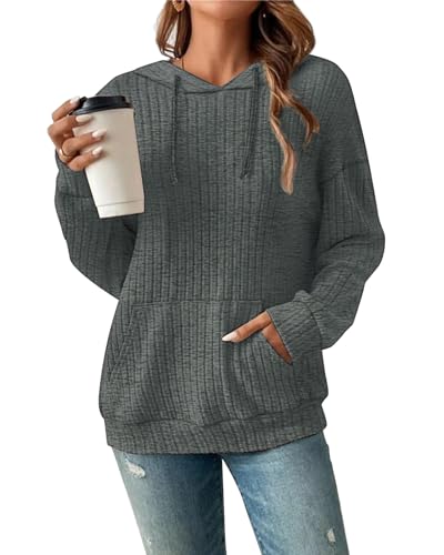 Damen Hoodie Pullover Langarm Herbst Winter Casual Loose Kapuzenpullover Streifen Fallende Schultern Kordelzug Sweatshirt Dunkelgrün L von Tanmolo