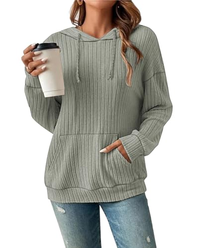 Damen Hoodie Pullover Langarm Herbst Winter Casual Loose Kapuzenpullover Streifen Fallende Schultern Kordelzug Sweatshirt Grasgrün L von Tanmolo