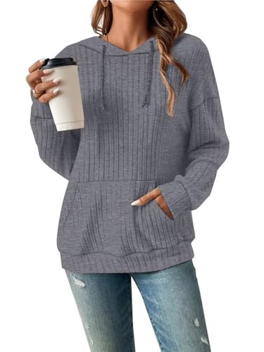 Damen Hoodie Pullover Langarm Herbst Winter Casual Loose Kapuzenpullover Streifen Fallende Schultern Kordelzug Sweatshirt Grau XL von Tanmolo