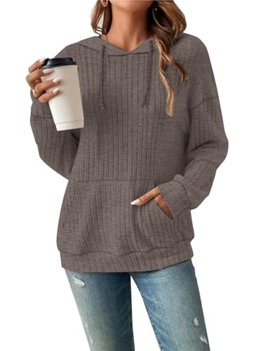 Damen Hoodie Pullover Langarm Herbst Winter Casual Loose Kapuzenpullover Streifen Fallende Schultern Kordelzug Sweatshirt Kaffee S von Tanmolo
