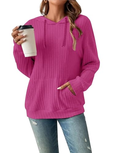 Damen Hoodie Pullover Langarm Herbst Winter Casual Loose Kapuzenpullover Streifen Fallende Schultern Kordelzug Sweatshirt Rosenrot XXL von Tanmolo