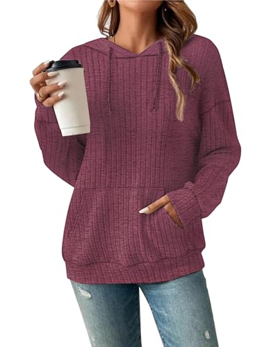 Damen Hoodie Pullover Langarm Herbst Winter Casual Loose Kapuzenpullover Streifen Fallende Schultern Kordelzug Sweatshirt Rot S von Tanmolo