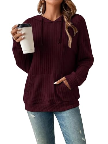 Damen Hoodie Pullover Langarm Herbst Winter Casual Loose Kapuzenpullover Streifen Fallende Schultern Kordelzug Sweatshirt Weinrot M von Tanmolo