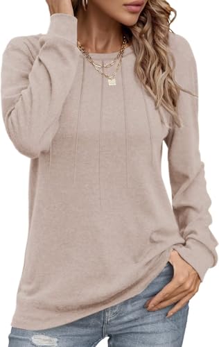 Damen Pullover Lässig Langarmshirt Elegant Herbst Winter Rundhals Sweatshirt Langarm Shirts Loose Plissee Oberteile Aprikose XL von Tanmolo
