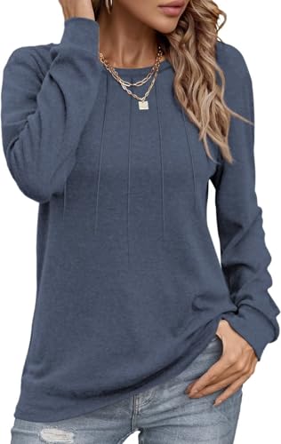 Damen Pullover Lässig Langarmshirt Elegant Herbst Winter Rundhals Sweatshirt Langarm Shirts Loose Plissee Oberteile Blau M von Tanmolo