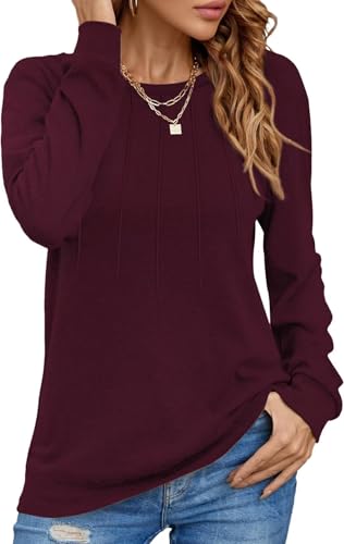Damen Pullover Lässig Langarmshirt Elegant Herbst Winter Rundhals Sweatshirt Langarm Shirts Loose Plissee Oberteile Burgunderrot XL von Tanmolo