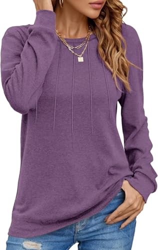 Damen Pullover Lässig Langarmshirt Elegant Herbst Winter Rundhals Sweatshirt Langarm Shirts Loose Plissee Oberteile Lila S von Tanmolo