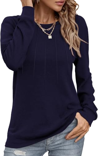 Damen Pullover Lässig Langarmshirt Elegant Herbst Winter Rundhals Sweatshirt Langarm Shirts Loose Plissee Oberteile Marineblau XL von Tanmolo