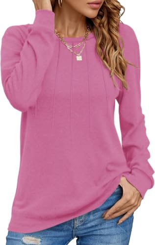 Damen Pullover Lässig Langarmshirt Elegant Herbst Winter Rundhals Sweatshirt Langarm Shirts Loose Plissee Oberteile Rosa L von Tanmolo