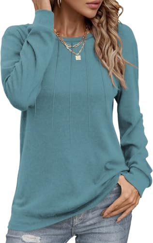 Damen Pullover Lässig Langarmshirt Elegant Herbst Winter Rundhals Sweatshirt Langarm Shirts Loose Plissee Oberteile Türkis XXL von Tanmolo