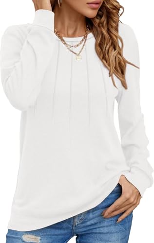 Damen Pullover Lässig Langarmshirt Elegant Herbst Winter Rundhals Sweatshirt Langarm Shirts Loose Plissee Oberteile Weiß XXL von Tanmolo