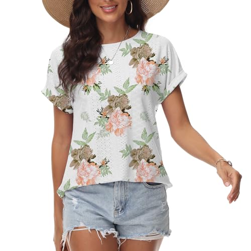 Damen T-Shirt Lochstickerei Bügelfrei Rundhalsausschnitt Oberteile Sommer Frühling Modische Kleidung 2024 Lässige Kurzarmbluse Blume XL von Tanmolo