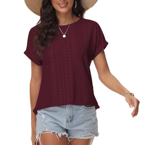 Damen T-Shirt Lochstickerei Bügelfrei Rundhalsausschnitt Oberteile Sommer Frühling Modische Kleidung 2024 Lässige Kurzarmbluse Burgunderrot M von Tanmolo