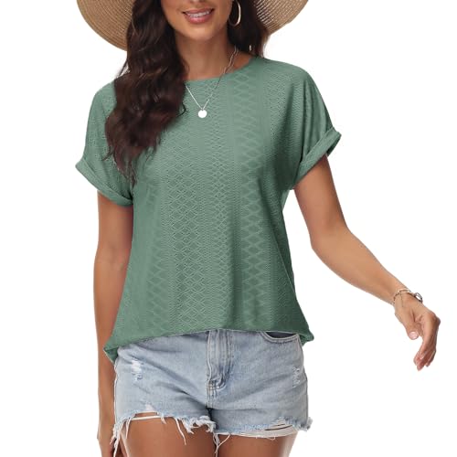 Damen T-Shirt Lochstickerei Bügelfrei Rundhalsausschnitt Oberteile Sommer Frühling Modische Kleidung 2024 Lässige Kurzarmbluse Graugrün XL von Tanmolo