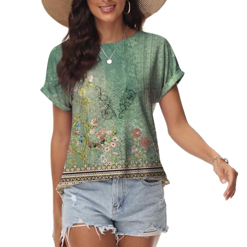 Damen T-Shirt Lochstickerei Bügelfrei Rundhalsausschnitt Oberteile Sommer Frühling Modische Kleidung 2024 Lässige Kurzarmbluse Grüne Blume 2XL von Tanmolo