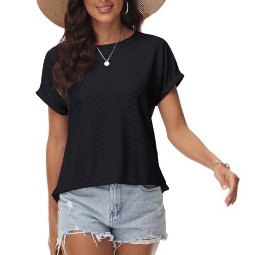 Damen T-Shirt Lochstickerei Bügelfrei Rundhalsausschnitt Oberteile Sommer Frühling Modische Kleidung 2024 Lässige Kurzarmbluse Schwarz XXL von Tanmolo